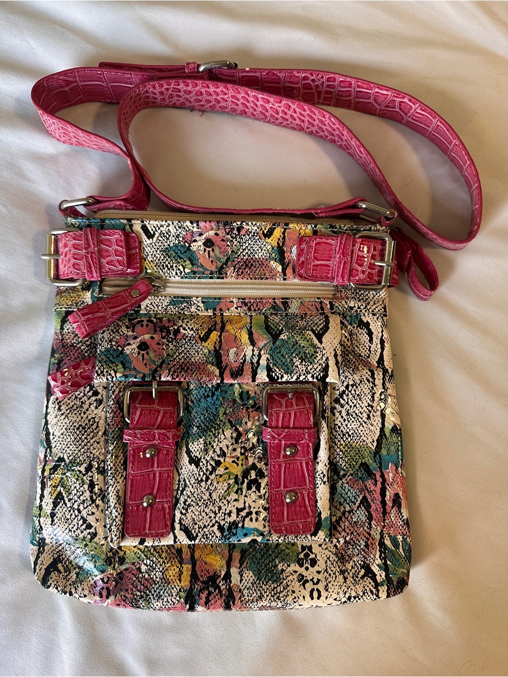 Pink Multi-Color Crossbody Bag with Croc-Effect Trim